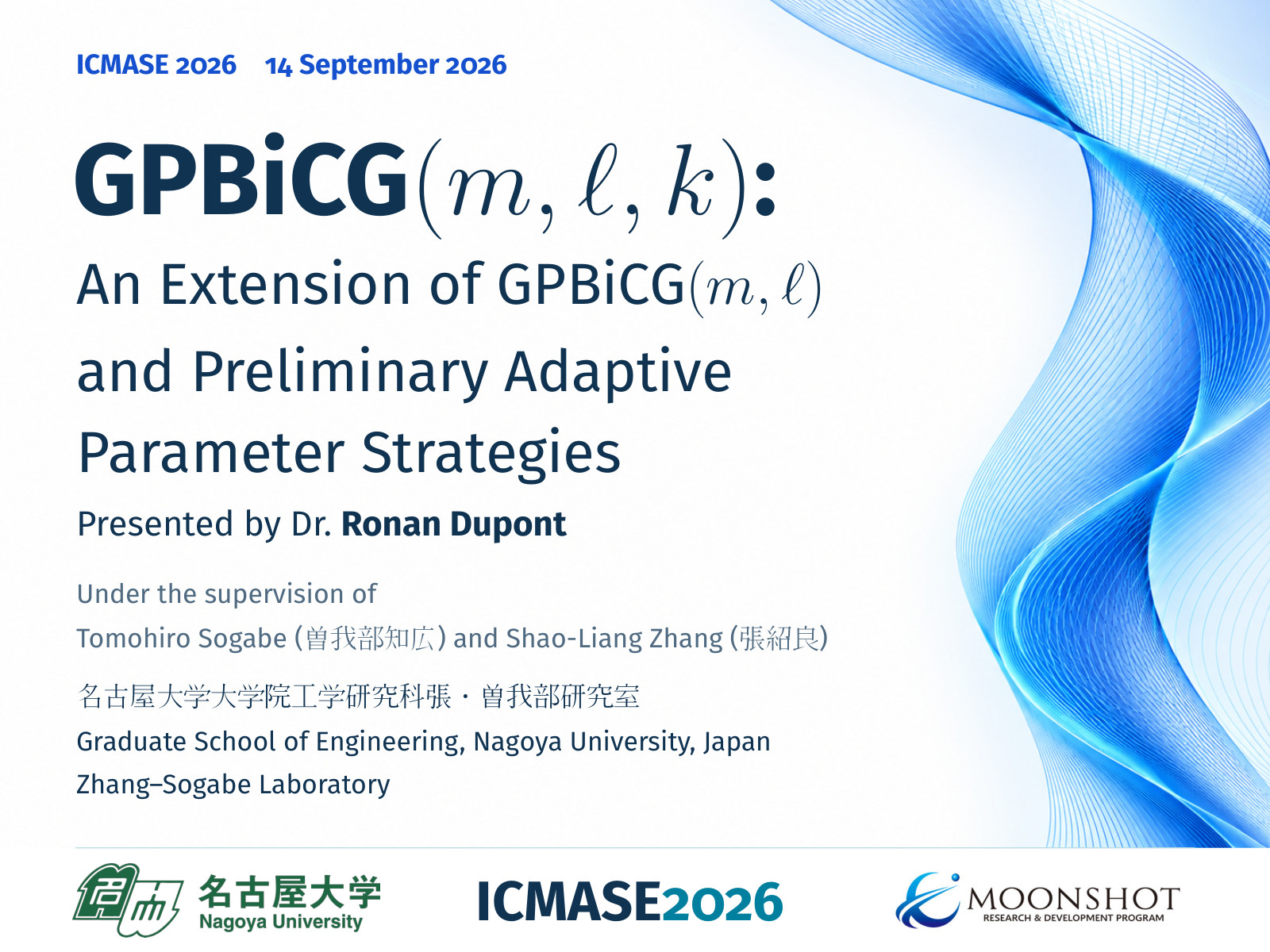 Title slide of Ronan Dupont’s ICMASE 2026 presentation on GPBiCG(m, ℓ, k)